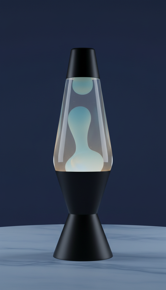 Matte black base lava lamp with frost blue wax